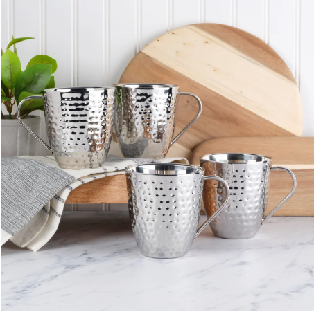 Mikasa Set of 4 Double-wall Hammered Stainless Steel Mugs