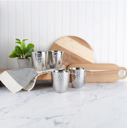 Mikasa Set of 4 Double-wall Hammered Stainless Steel Mugs
