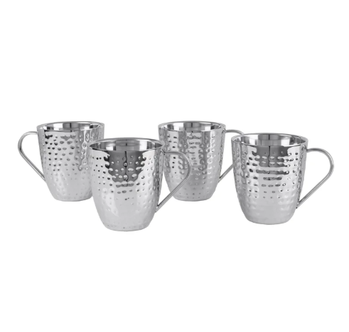Mikasa Set of 4 Double-wall Hammered Stainless Steel Mugs