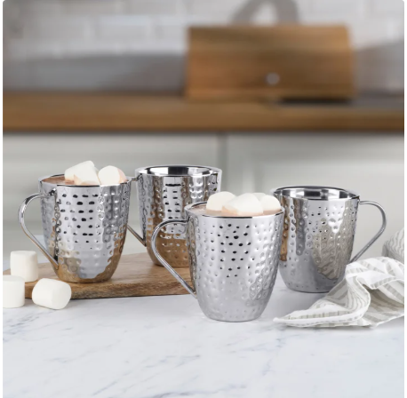 Mikasa Set of 4 Double-wall Hammered Stainless Steel Mugs